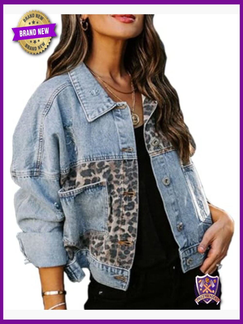 Women's Button Down Distressed Leopard Patchwork Denim Jacket Stone Washed Long - Picture 2 of 6